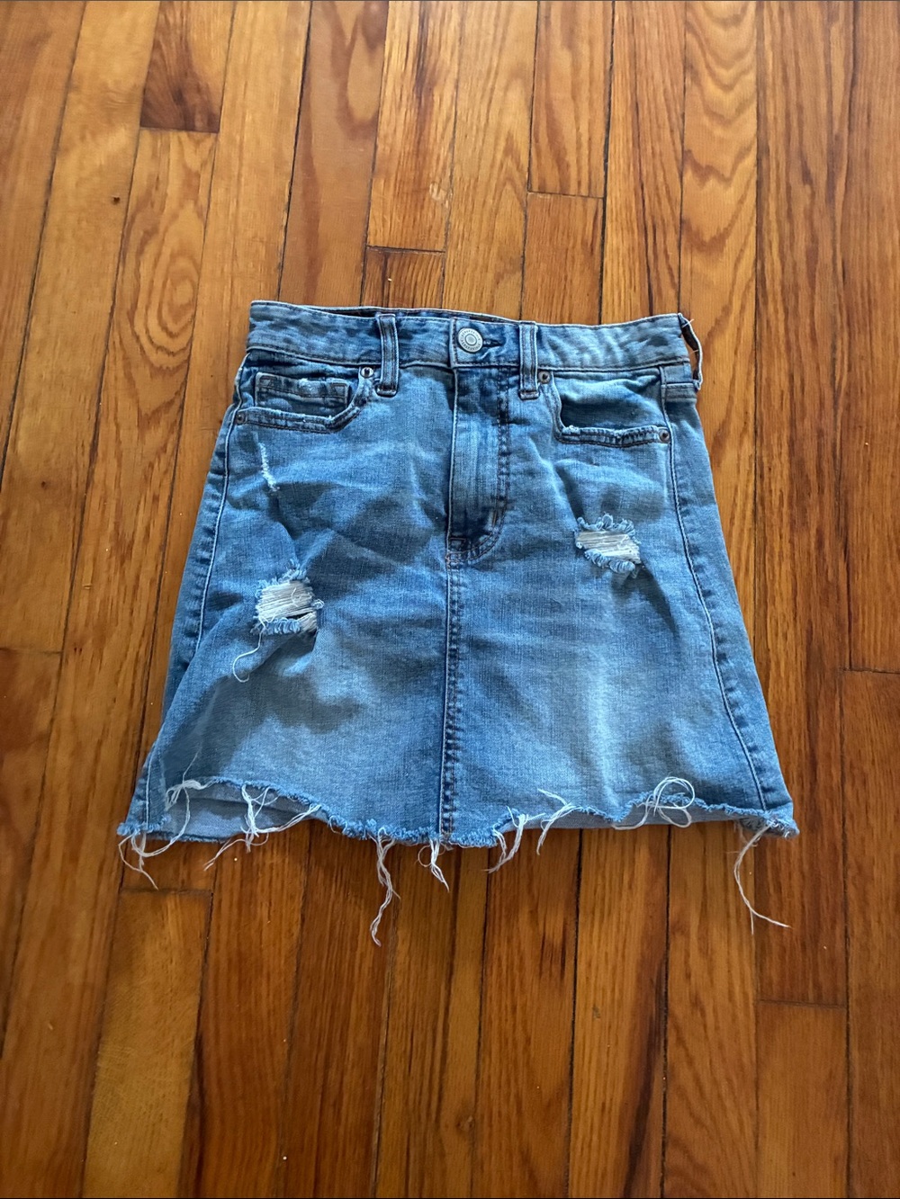 Classic Blue Denim Distressed Mini Skirt